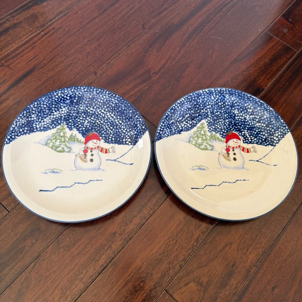Thomson Pottery Snowman Dinner Plates Set 2 Winter Christmas Blue 11 Replacement